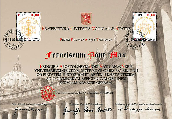 Items were imprinted Franciscum Pont. Max. (Francis Pontifex Maximus) by the Vatican Philatelic Office.