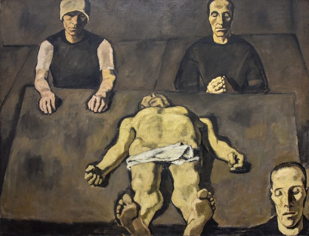 dead figure lays on tomb, two men stand behind him, another man in right corner